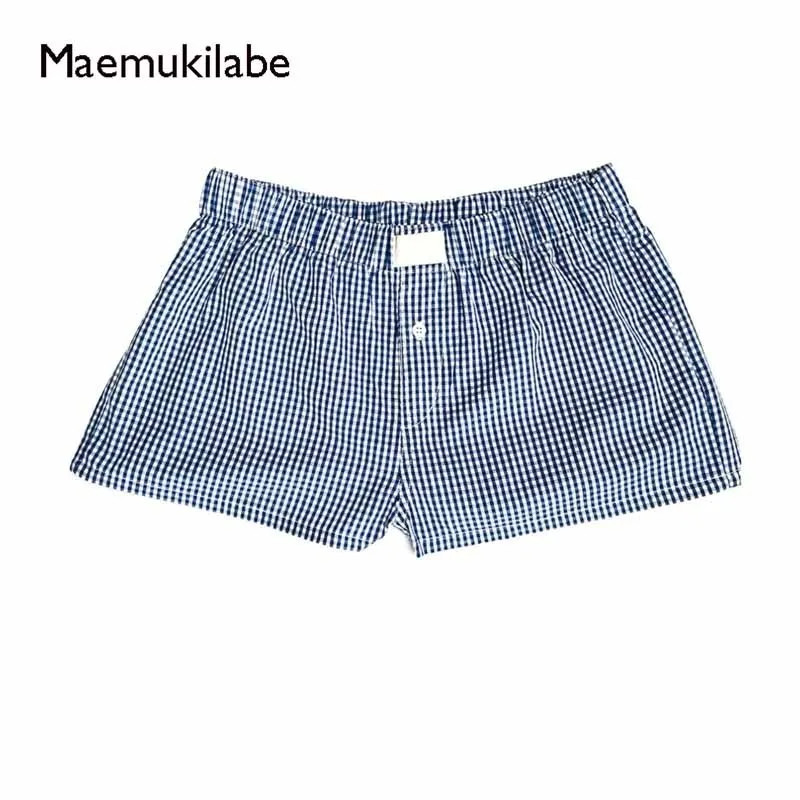 Maemukilabe Women Striped Plaid Print Shorts Elastic Waist Button Front Lounge Shorts Retro Aesthetic Boyshorts Y2K Streetwear