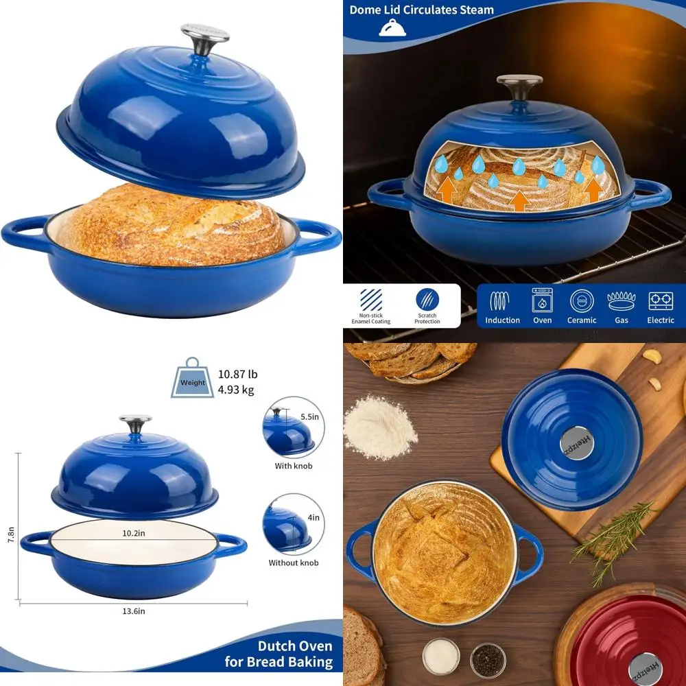 

Эмалированная чугунная голландская духовка, 5,4 кварты, выпечка хлеба, идеально подходит для закваски, безопасная в духовке до 500 шт. ° F, Синий, 25 см