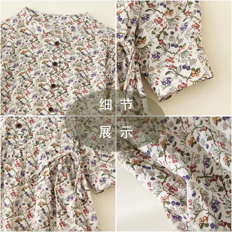 Anti-Aging Floral Cotton Linen Long Waist-Cinching Stand Collar Summer Dr Button-Up Slimming irt Dr for Women