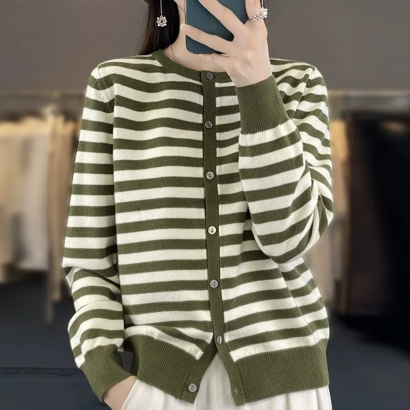 سترة نسائية مخططة طويلة محبوكة مفتوحة من الأسفل سترة خارجية مستديرة Ne فضفاضة للخريف والشتاء غير رسمية للعمر...