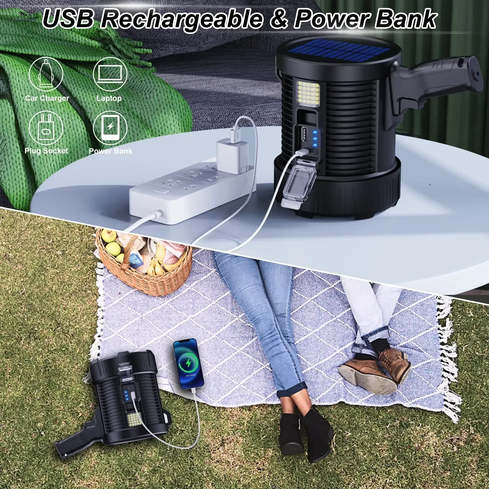 New Rechargeable Spotlight 900000 Lumens Led Spotlight Handheld LargeFlashlight Super Bright Outdoor Solar Spotlight Searchlight