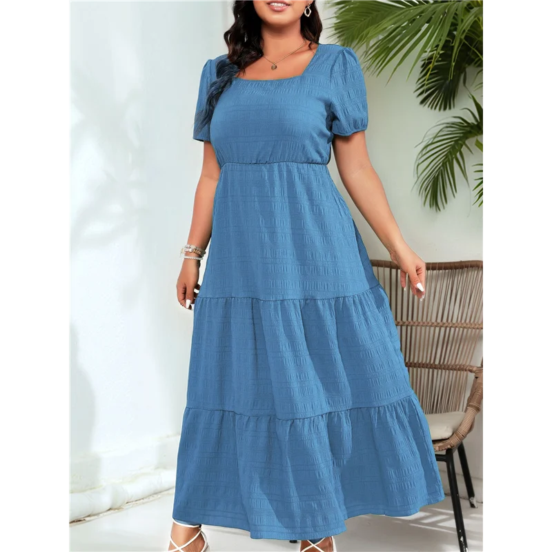 NUOVO-Vestito lungo da donna con scollo quadrato a strati, vestibilità ampia, casual, con schiena smockata, senza maniche, da spiaggia