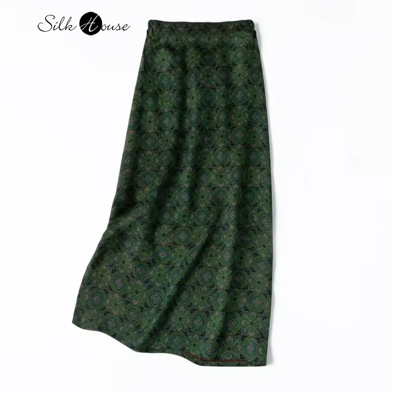 Retro Green Floral Print 100% Natural Mulberry Silk Gambiered Guangdong Gauze Elastic Waist Women's Fashionable Split Hip Skirt