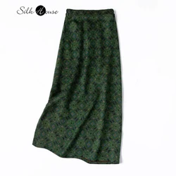 Retro Green Floral Print 100% Natural Mulberry Silk Gambiered Guangdong Gauze Elastic Waist Women's Fashionable Split Hip Skirt