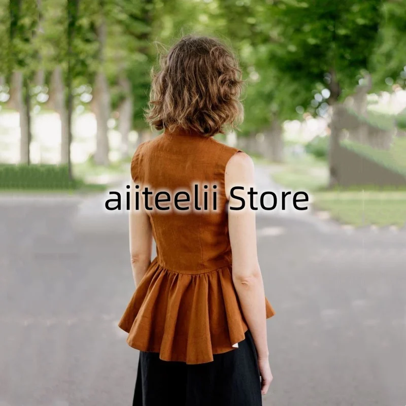 Women's Vest Linen Solid Color Rustic Style Elegant Single Breasted Stand Collar Slim Skirt Fashion Fit Casual Cropped Top Coat