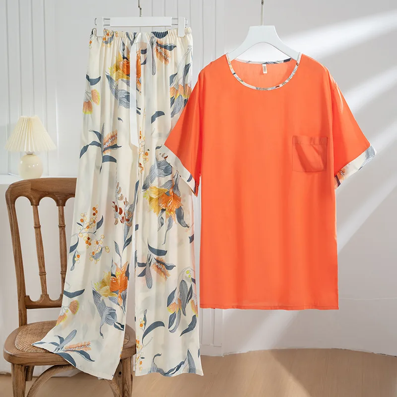 Cotton Rayon Pajamas For Women Spring Summer Sleepwear New Short Sleeved Long Pant Two-Piece Set Casual Printed Home Clothes