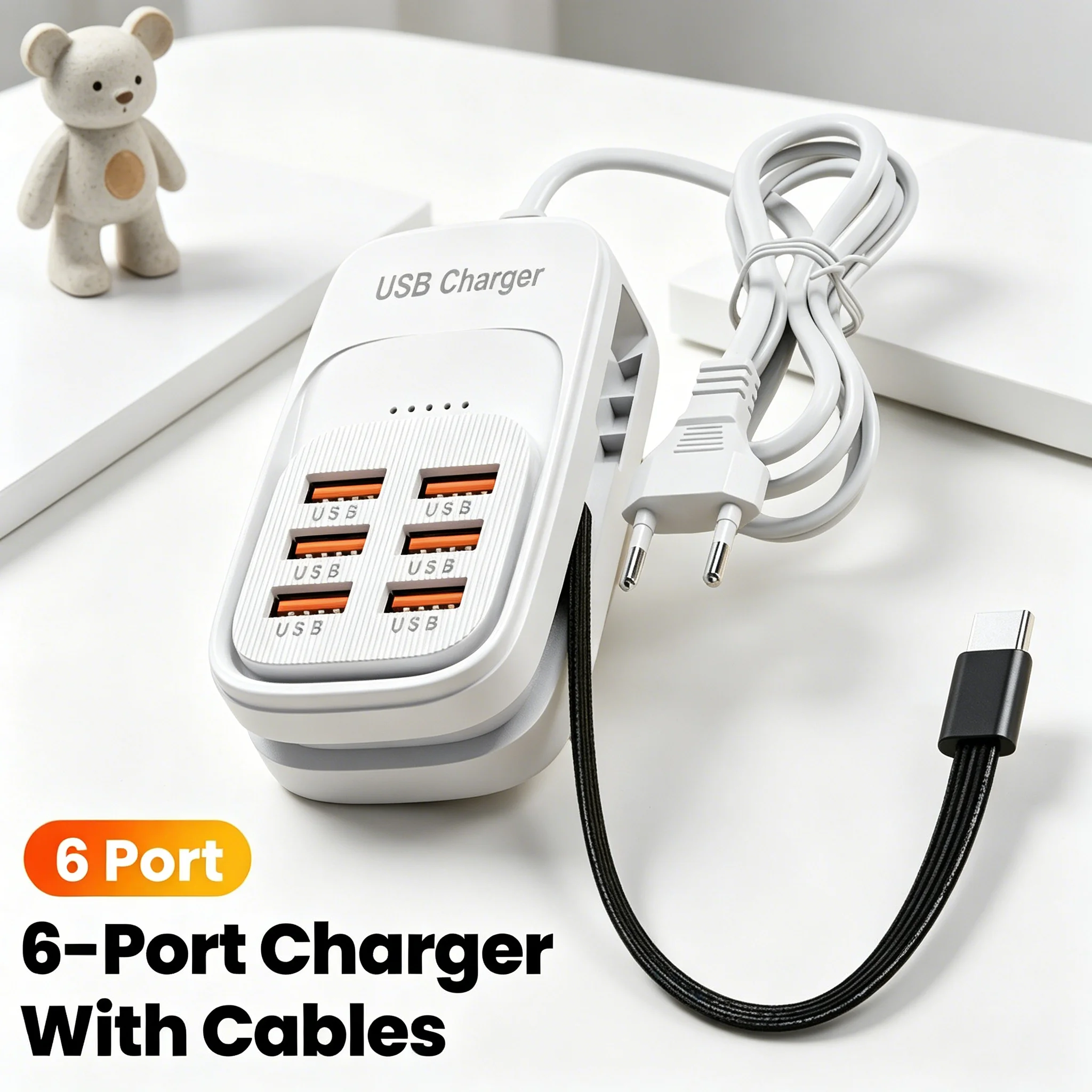 6 Ports USB Charger Desktop Charging Station Phone Power Strip With Retractable Type C Fast Charging Cord For iPhone 16 Samsung