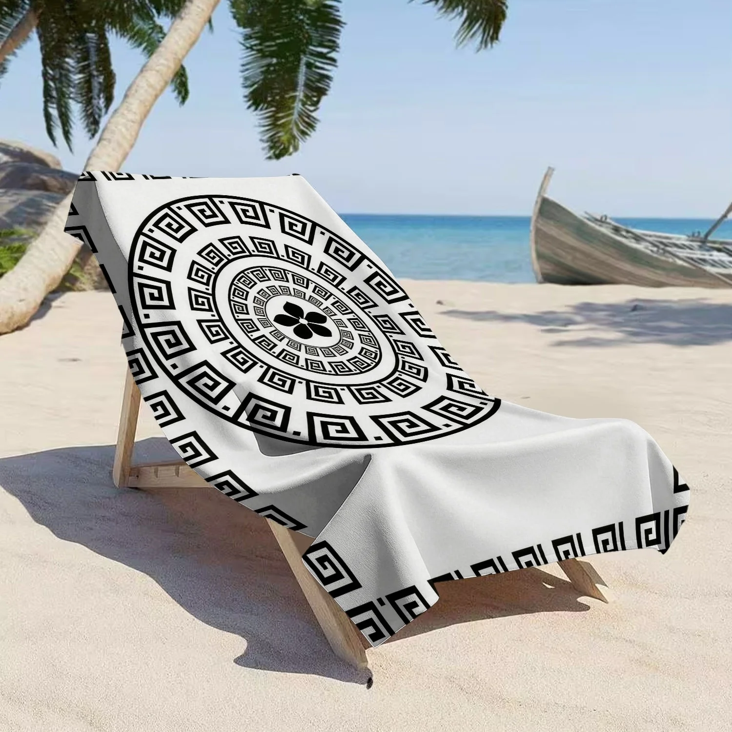 Oversized Greek Key Beach Towel, Soft Microfiber Quick Dry Black White Meander Print Bath Towel, Large Pool Travel Beach Blanket