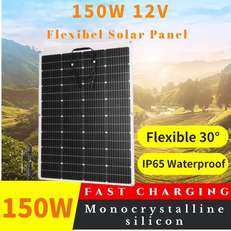 

GGJ 150W 17V 34V Monocrystalline Solar Panel Flexible Waterproof with PV Connector for Camping Equipment RV Boat Home System