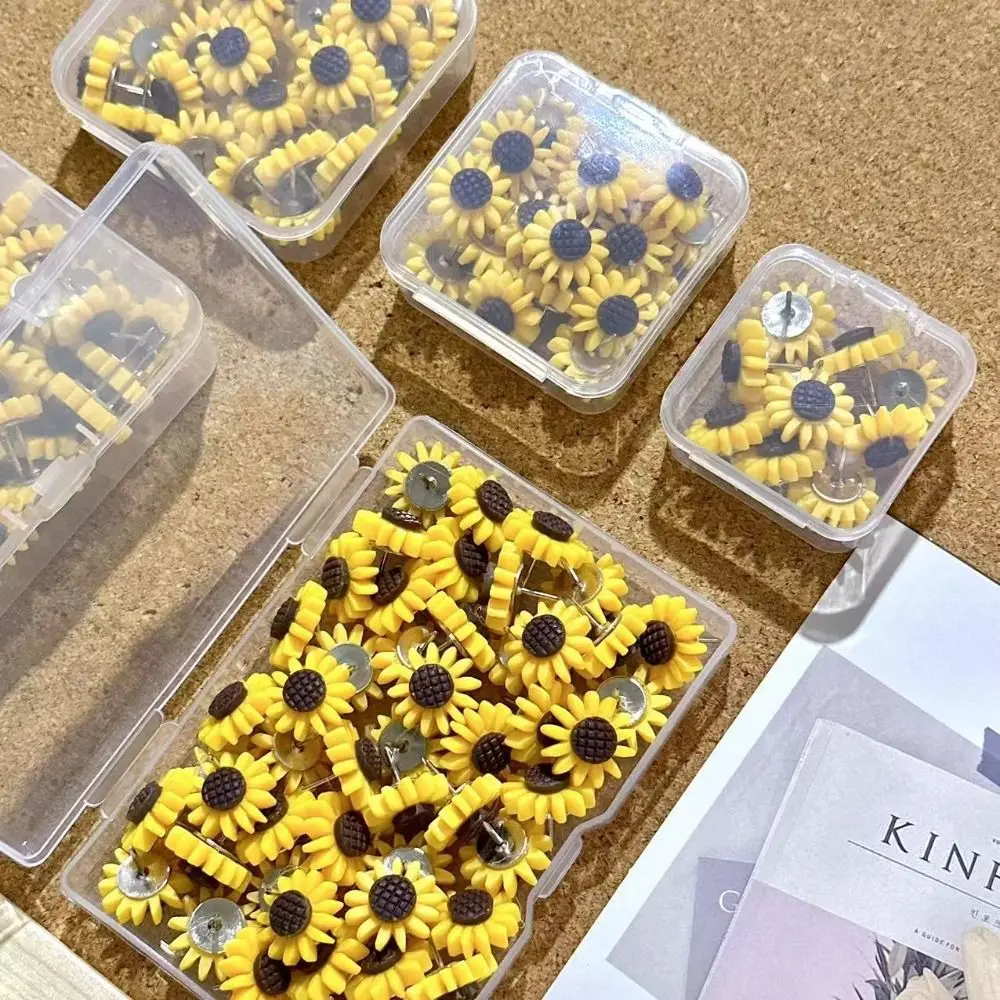 Chinchetas creativas de girasol para decoración del hogar, tablero reutilizable artesanal, Pin de empuje bonito con caja, papelería, 10/20/30/40/50 Uds.