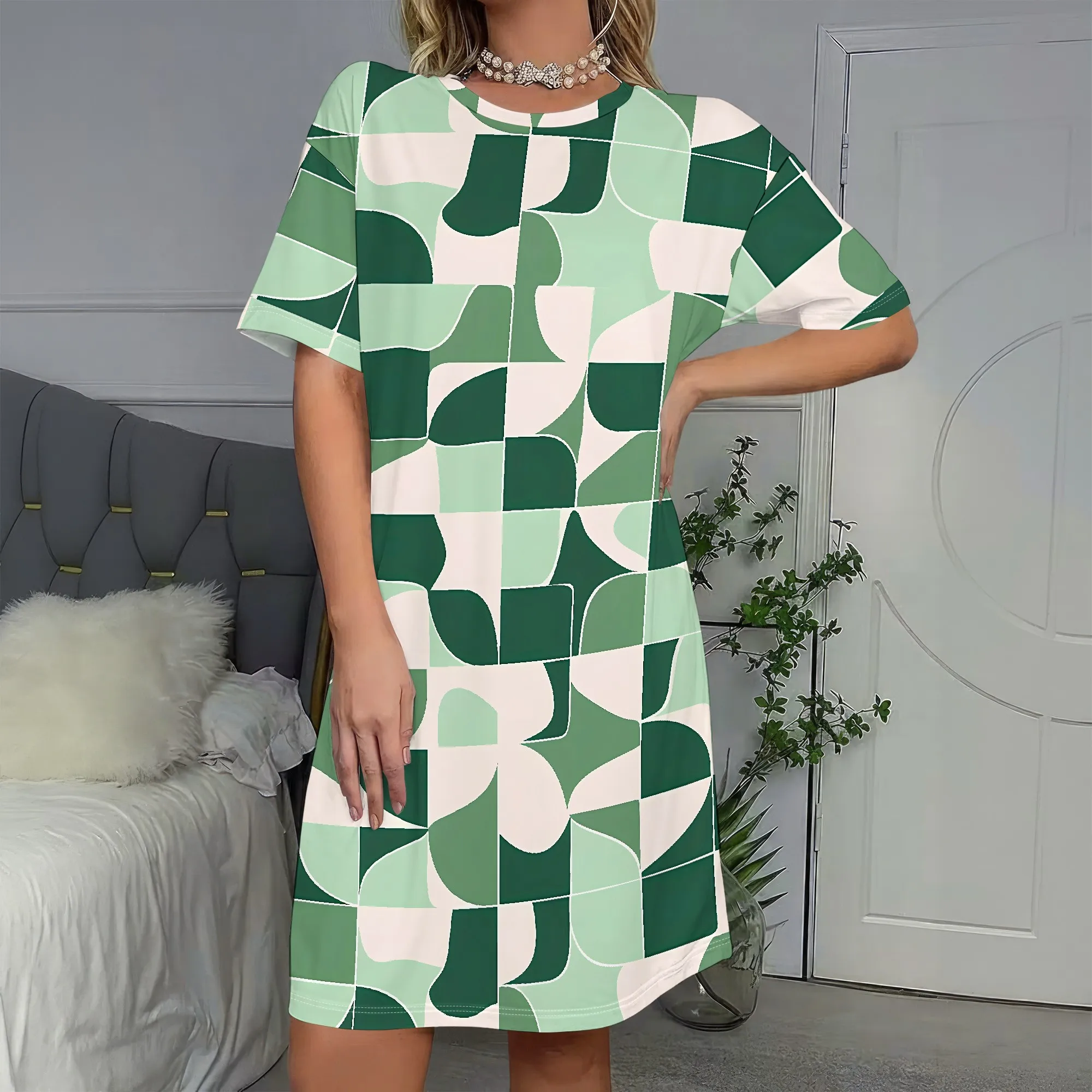 

Green Geometric Print, Short Sleeve Dress, Abstract Art Pattern, Modern Style, Casual Wear, S-2XL