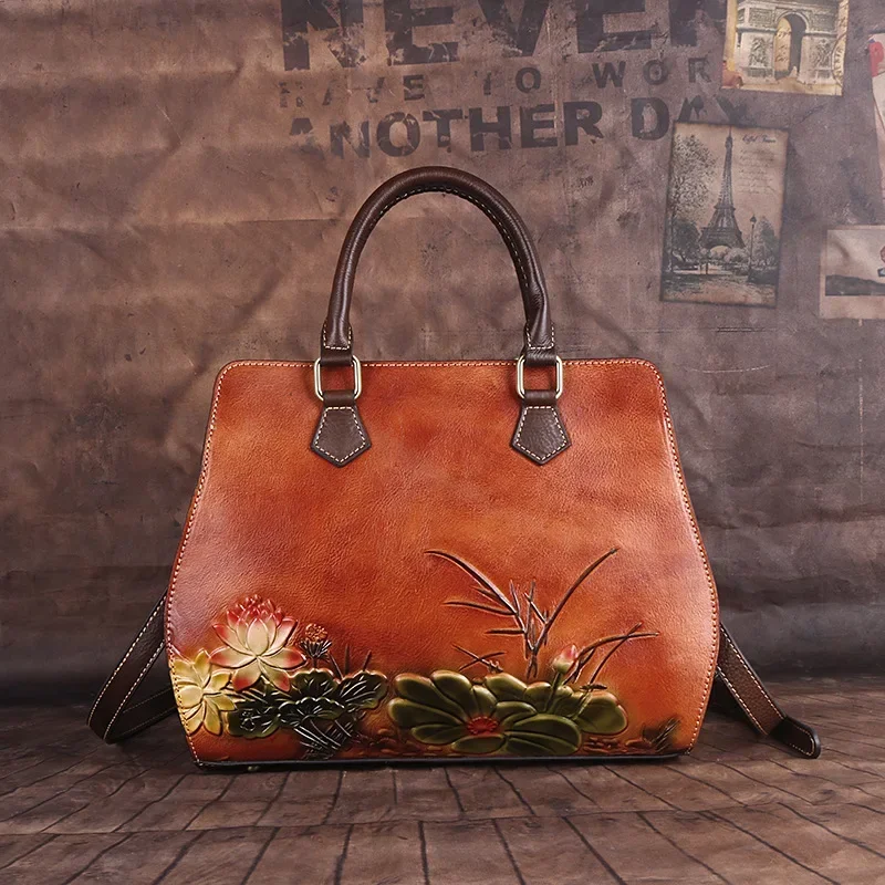 Women's New Fashion Genuine Leather Vintage Embossing Lotus Flower Large Capacity Handbag ShoulderBag CrossbodyBag Office Daily