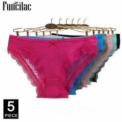 Sexy Women Underwear Cotton Everyday Style Low Waisted Briefs Transparent Lace Ladies Knickers Panties M L XL 5 Pcs/set