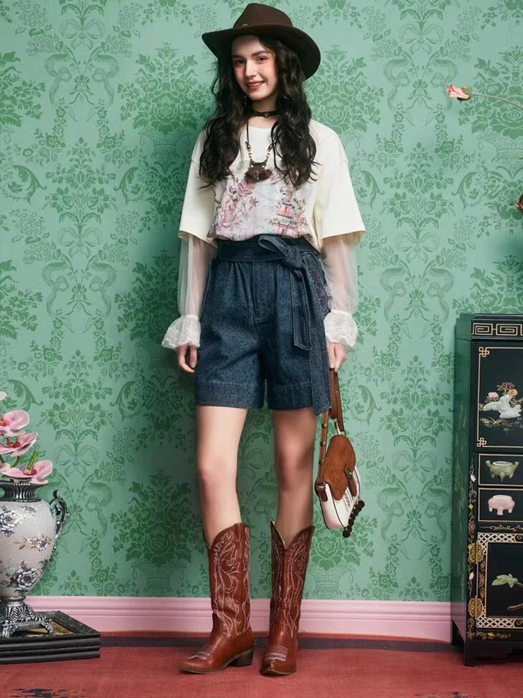 Versatile Sharp Point High Heel Western Boot Cover Retro V-Notch Embroidered Fashion Boot High Tube Rubber Sole Girl's Shoe