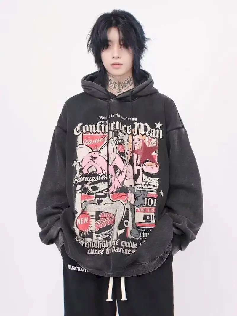 Niche High Street Hoodies for Women Men Autumn Winter Plush Beautiful Girl Hooded Sweatshirt Ins Trendy Distressed Washed Hoodie