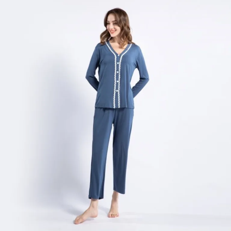 Lady Modal Cardigan Pajamas Set Long Sleeve 2Pcs Sleepwear Sexy Lace V-Neck Nightwear Casual Home Wear Intimate Lingerie