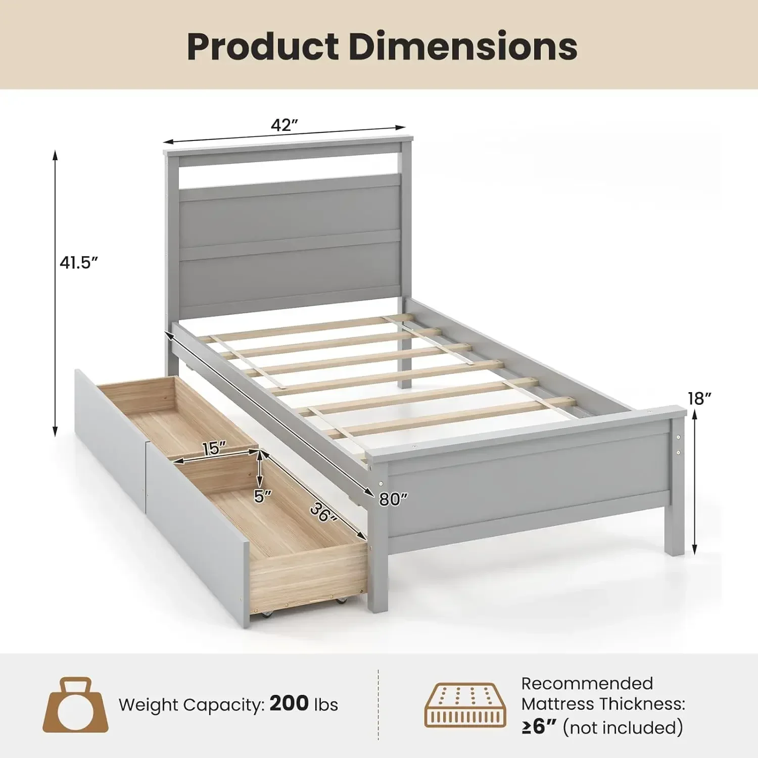 Twin Size Wood Platform Bed Frame with 2 Storage Drawers, Wood Bed Frame with Headboard & Footboard, Wooden Slat Support, No Box