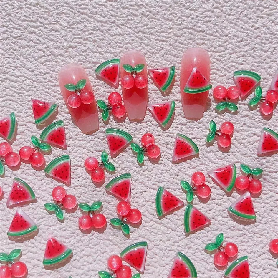 10Pcs 3D Resin Mini Cherry Watermelon Gems Nail Art Charms Sweet Fruit Flatback Jewelry Design Nail Decorations Rhinestones 10mm