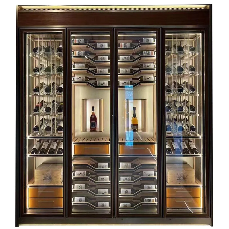 Cava de vinos refrigerada, estantería para vinos de acero inoxidable, expositor de roble