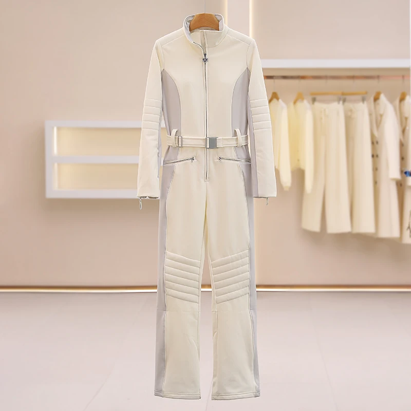 Faionable contraste cor fce forrado cintura cinching gola casual macacão de cintura alta calças femininas quentes 2025 inverno