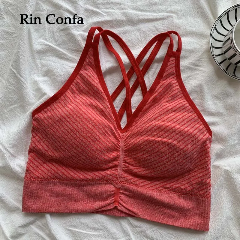 

Rin Confa Summer Bra Tops V-Neck Rib Crop Tank Top Sleevelss Solid Color Backless Sporty Bra Top Short Slim Thin Knitting Tops