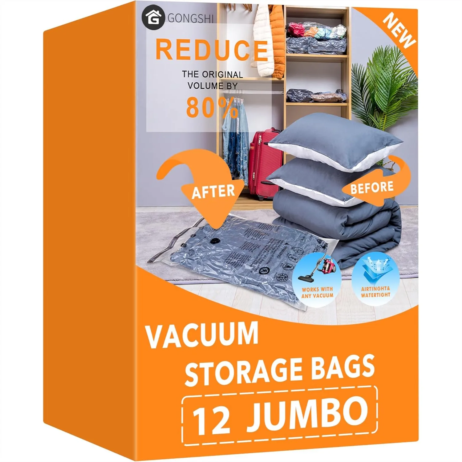 Vacuum Storage Bags, Space Saver Seal Bags for Clothing Travel Luggage Blankets Comforters Pillows, 12 Jumbo