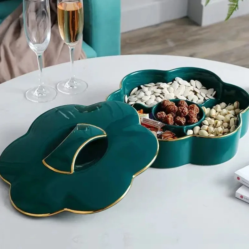 Green Ceramic Snack Platter with Cover Flower Shape Fruit Dessert Plate High Cake Stand Tissue Storage Box Rectangular Tray