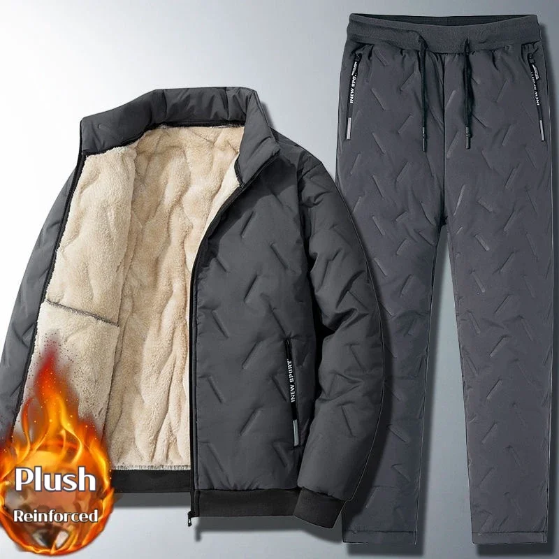 

Winter Men Padded Suit Set Fleece Lined Thick Cotton Coat Pants Dad Style Clothing Plus Size Warm Old Father Outfit Male set