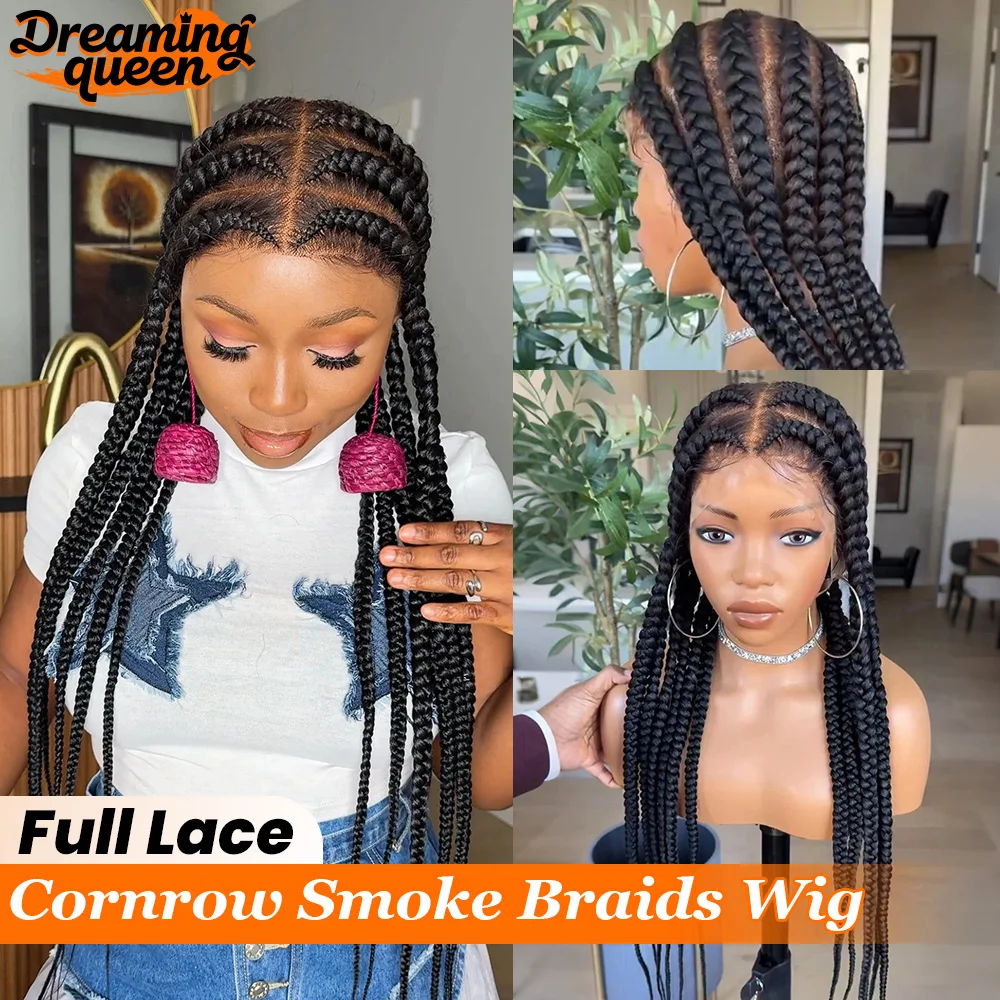 

Dreaming Queen 180% плотность Cornrow дымчатые косы с детскими волосами натуральный черный цвет полный кружевной прямой синтетический парик для женщин