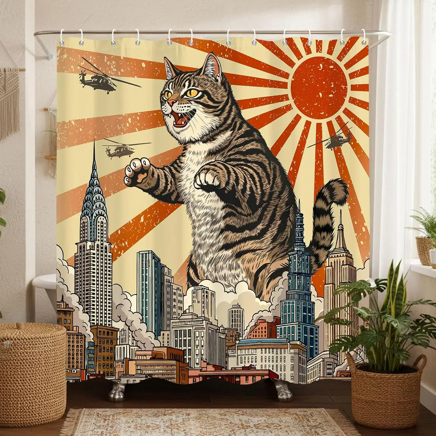 Giant Cat City Attack Shower Curtain with Helicopters and Skyscrapers Funny Art Print