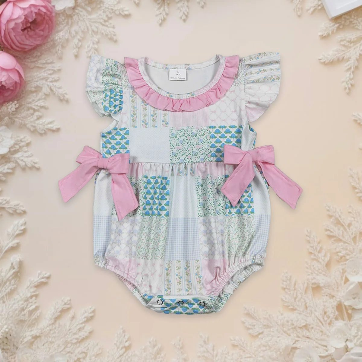 

Комбинезон с пузырьками для новорожденных девочек, комбинезон с развевающимися рукавами, клетчатые банты, банты, цветочный принт, комбинезон с рюшами, удобная одежда для младенцев