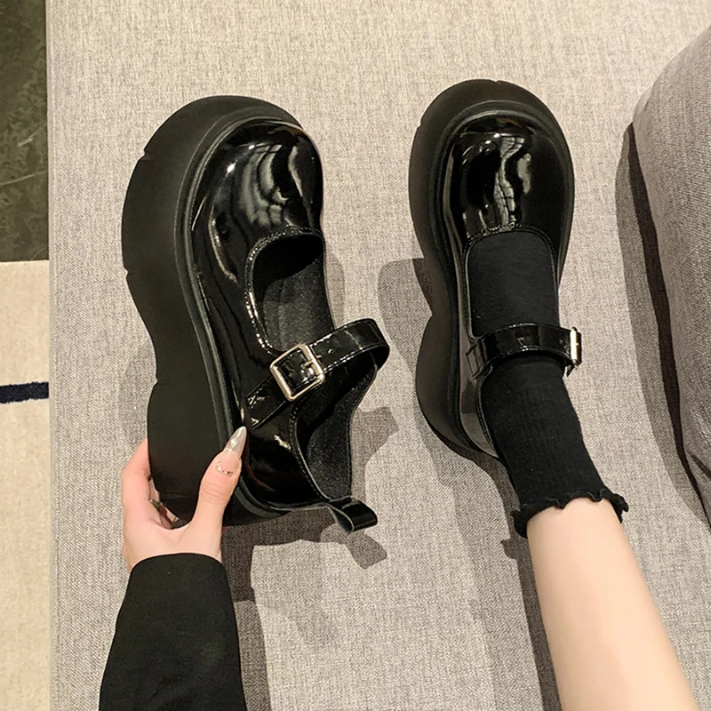 Punk Goth Chunky Platform Pumps Women Patent Leather Wedge Mary Jane Shoes Woman 2024 Autumn Ankle Buckle Black Jk Uniform Shoes