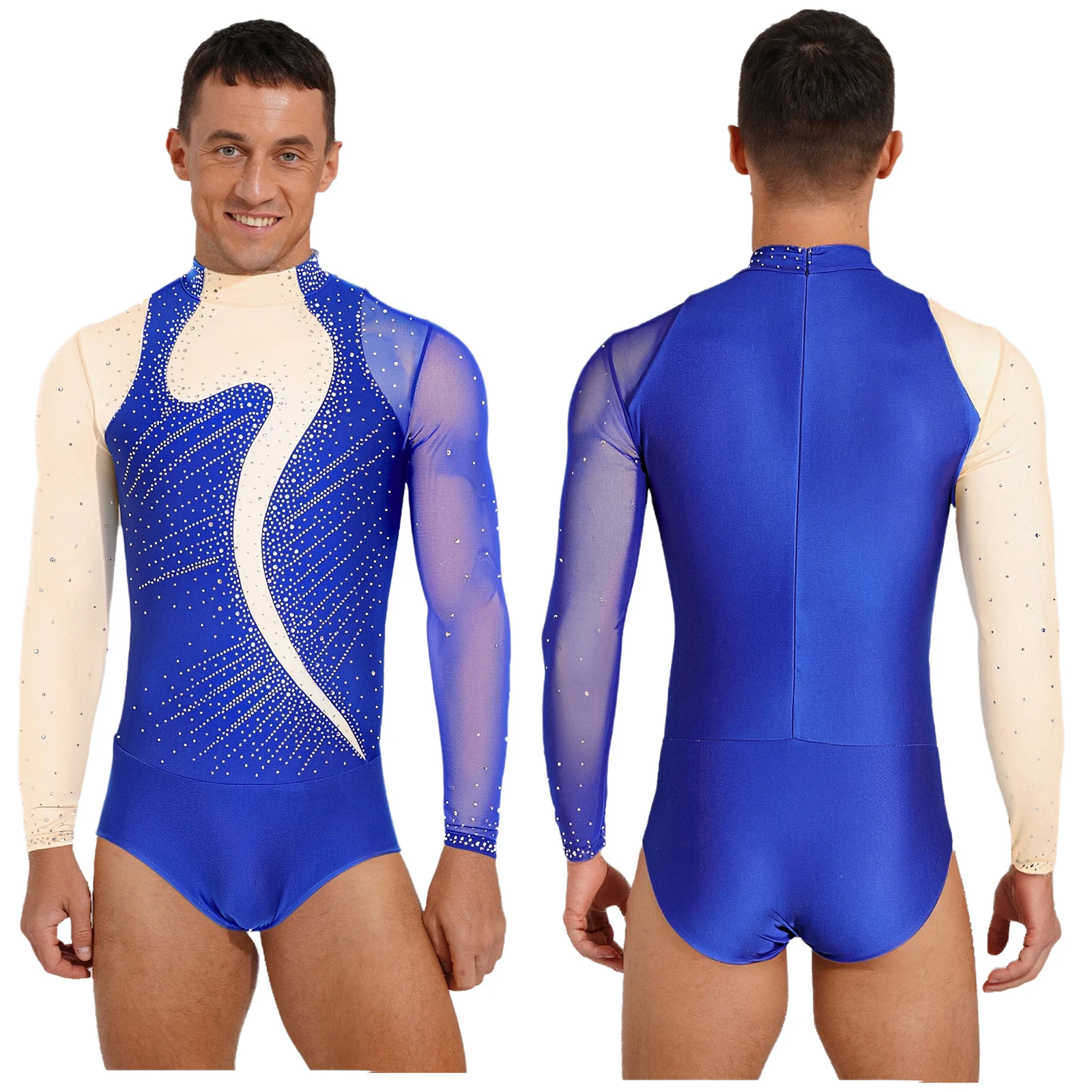 

Mens Figure Skating Leotard Ballet Jersey Rhythmic Gymnastic Latin Tango Dance Performance Costume Rhinestones Training Bodysuit