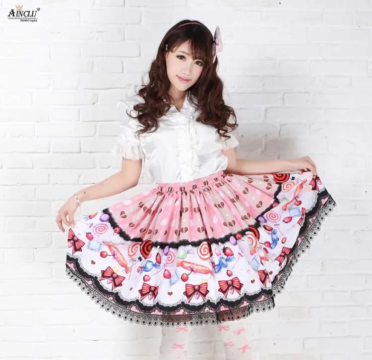 Lolita Sweet Princess Pink Skirts Womens Pink English Afternoon Tea Printing Polyester Lady Lace Pleated Half Skirts 3 Styles