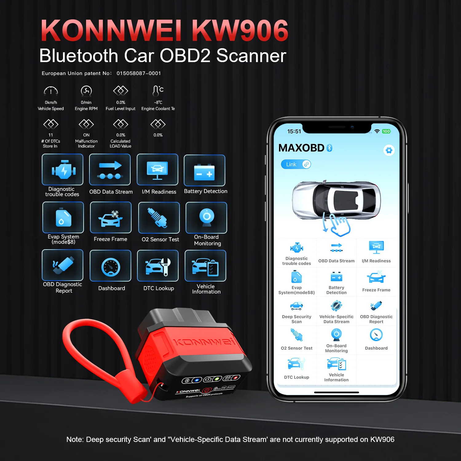 KW906 Bluetooth 4.0 5.0 ELM327OBD2 Car Fault Diagnostics Car Scanner
