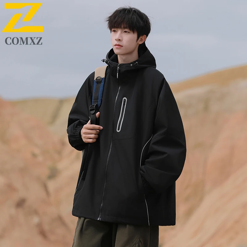 Men Reflective Strip Hooded Windbreaker Autumn Streetwear American Style Casual Waterproof Windproof Outdoor Lightweight Coat​