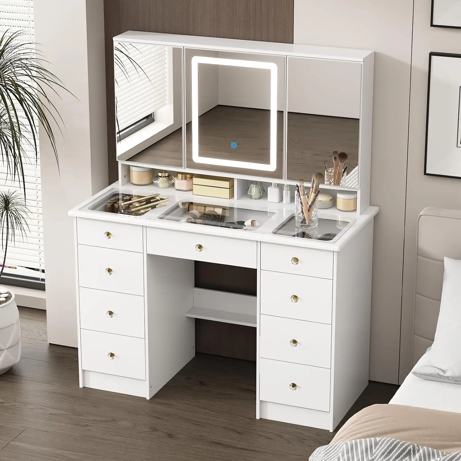 Vanity Desk with Mirror and Lights, Large Glass Top Vanity | 9 Drawers & Hidden Shelves, Modern Dressing Table, Custom