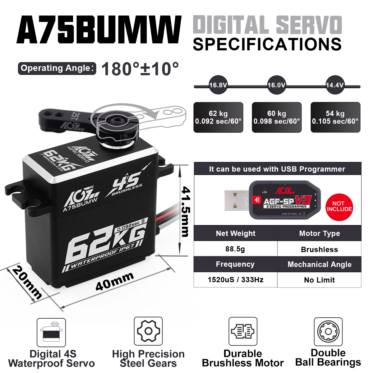 Agfrc 62kg super drehmoment a75bumw 4s 16,8 v hv programmier bares wasserdichtes bürstenloses rc servo für rc auto crawler buggy lkw – Detail 4