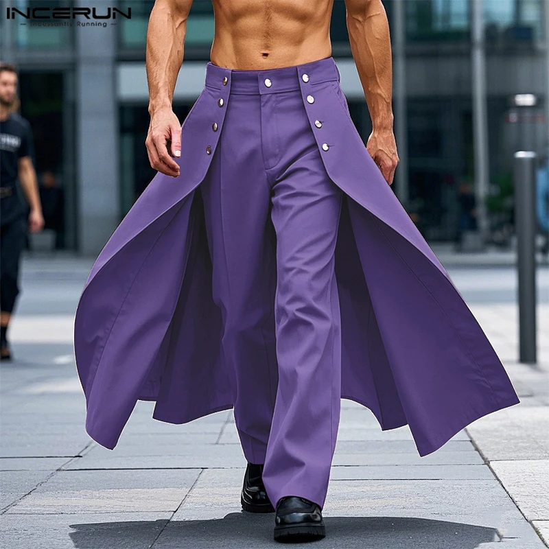 INCERUN เสื้อกันหนาวผู้ชายไม่สม่ําเสมอกางเกงสีทึบปุ่ม Joggers กางเกงหลวมๆผู้ชาย Streetwear 2025 แฟชั่นชายยาวกางเกง S-5XL