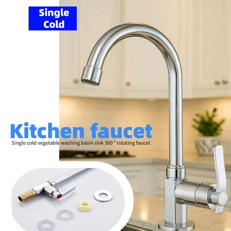Anti-Corrosion Zinc Alloy Single Cold Kitchen Faucet, 360° Rotatable Tap with Durable Brass Valve Core