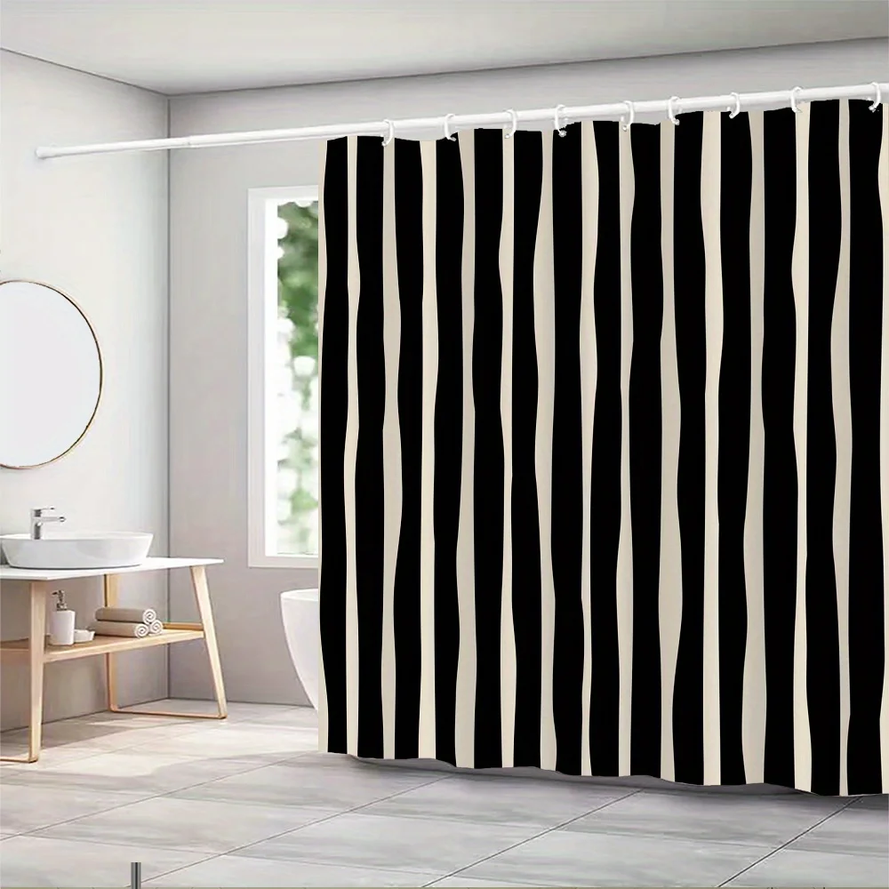 Black & Beige Wavy Stripe Shower Curtain – Abstract Fluid Lines, Modern Minimalist Graphic Design, 12 Hooks, 70.87×70.87 inch