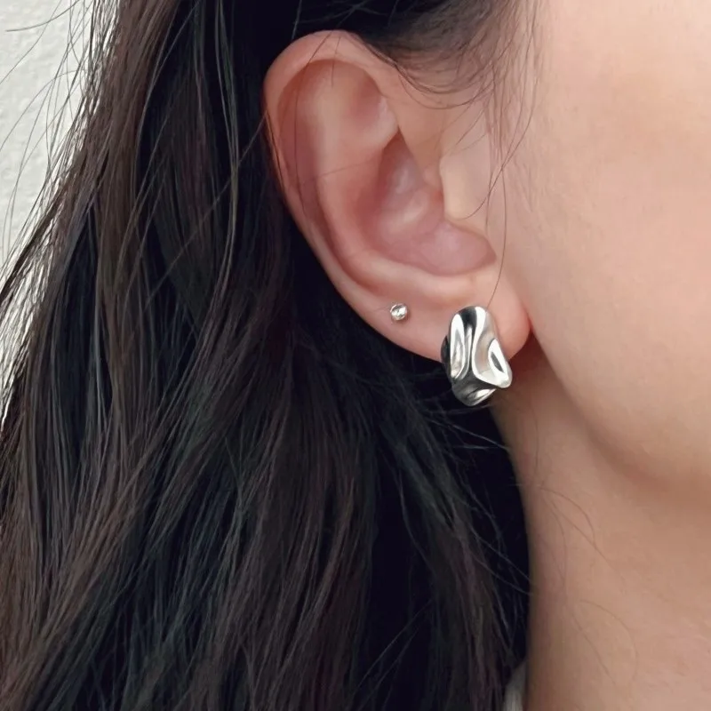 925 Sterling Silver Irregular Studs Earring for Women Vintage Crinkled Frosting Punk Rock Jewelry Party Gift Dropshipping