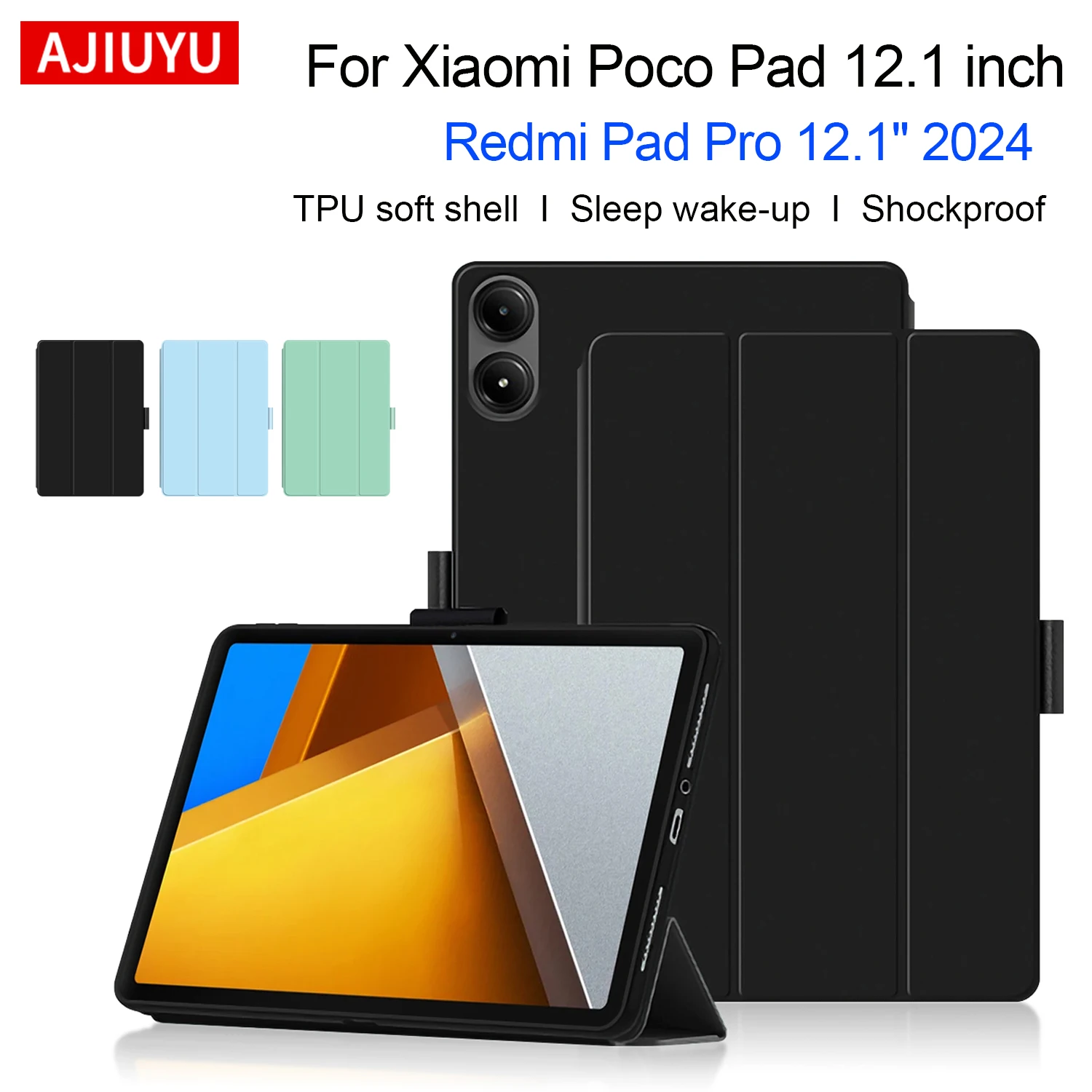 

AJIUYU For Xiaomi POCO Pad Case 12.1 inch 2024 Tri-folding Flip Stand Cover For Redmi Pad Pro 12.1" Tablet Auto Sleep Cover