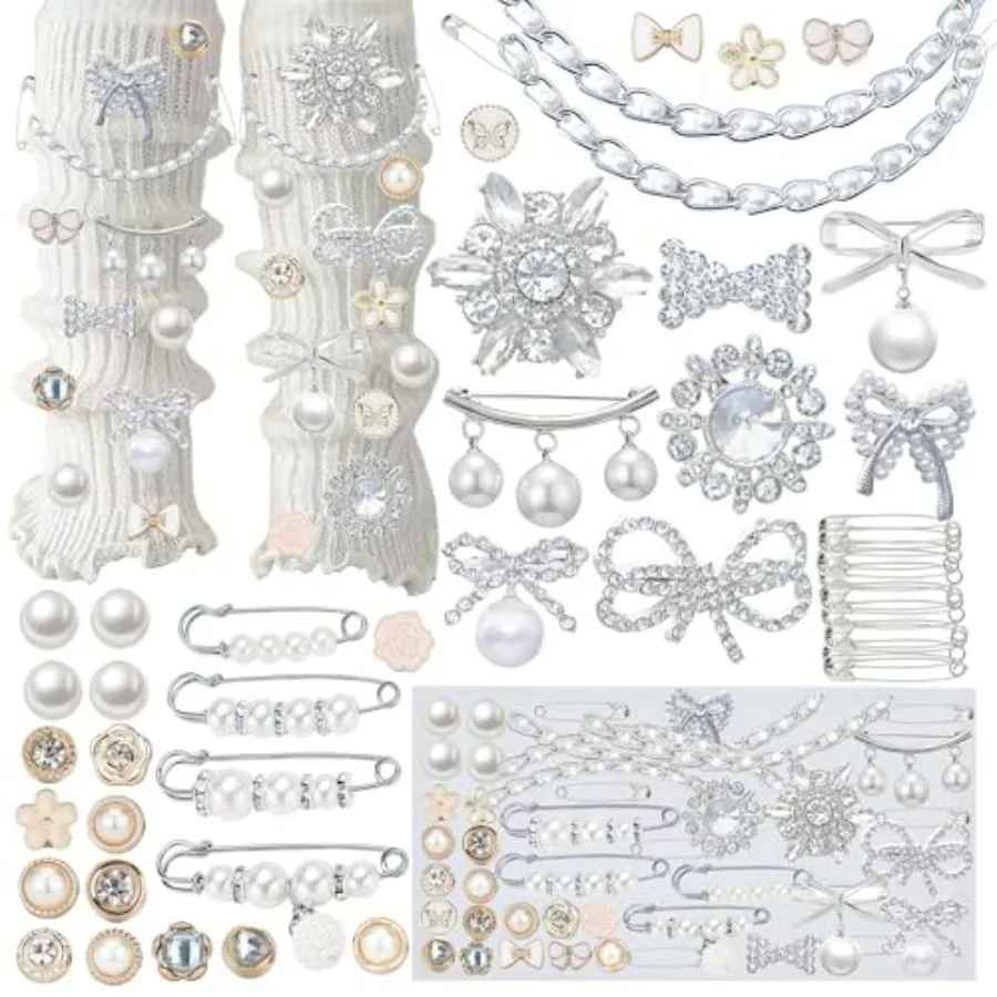 

54PCS Junk Socks Charms Kit, Shoe Charms for Sneakers Girls, Silver Brooches and Pins for Women, Pearl and Rhinestone Sock Char