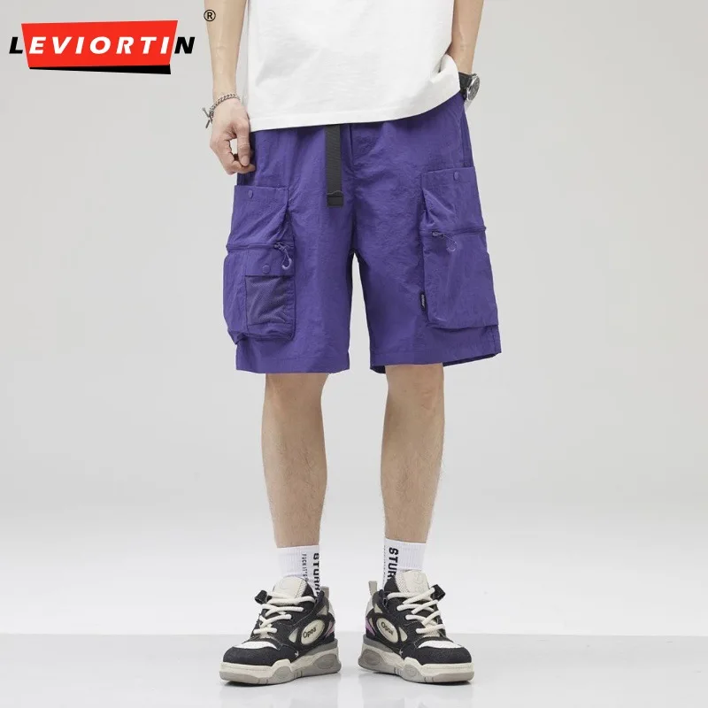 กางเกงขาสั้นคาร์โก้ลำลองสำหรับผู้ชายสไตล์อเมริกันกางเกงขาสั้นทรงหลวมบางสีพื้นแฟชั่นฤดูร้อน