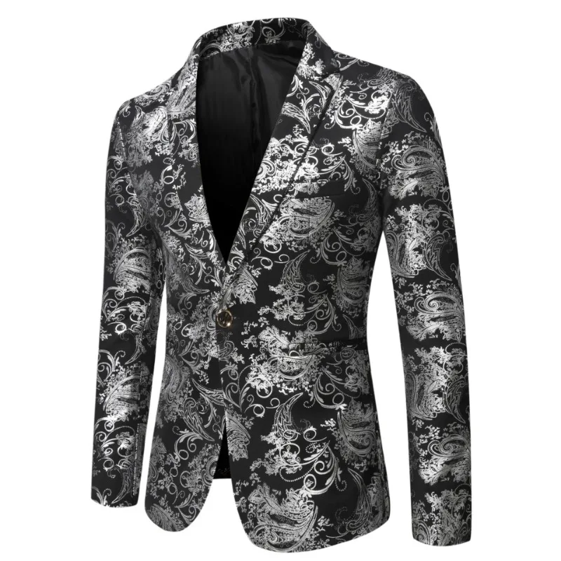 2 Colors!2023 Autumn New Men\'s Slim Fit Casual Silver Stage Performance Suit Printed Jackets Mens Blazer Jacket