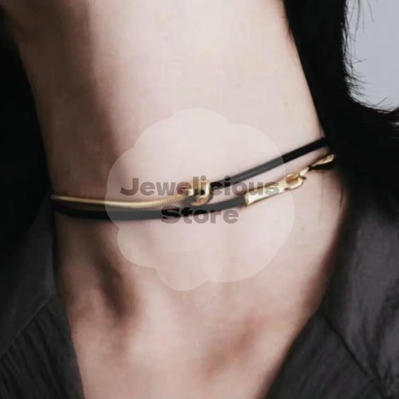 Vintage Black PU Leather Choker Necklace For Women 2026 Trendy Metal Double-layered Snake Bone Chain Spliced Necklace Jewelry