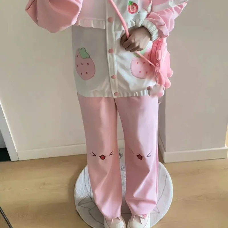 

Японские милые длинные брюки с мультяшным принтом, женские осенне-зимние повседневные прямые брюки Kawaii Y2k, эстетические брюки