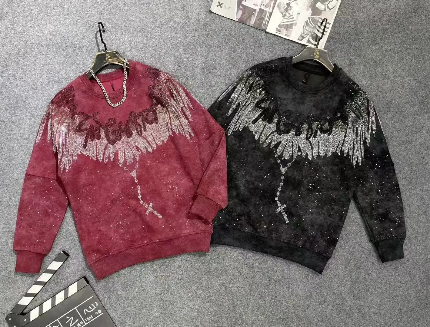 Fashion Trend Round Neck Long Sleeve Heavy Rhinestone Letter Sweatshirt Autumn New Thickened Warm Loose Casual Pullover Unisex