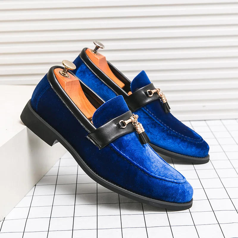 

Luxury Blue Men's Leather Shoes Big Size 46 Tassel Suede Business Casual Shoes For Man Elegant Pointed Dress Shoes Men Loafers